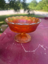 Orange Iridescent Carnival Glass Footed Bowl