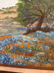 Landscape Painting with Bluebonnets and Tree, Signed N.T. HANSBURG