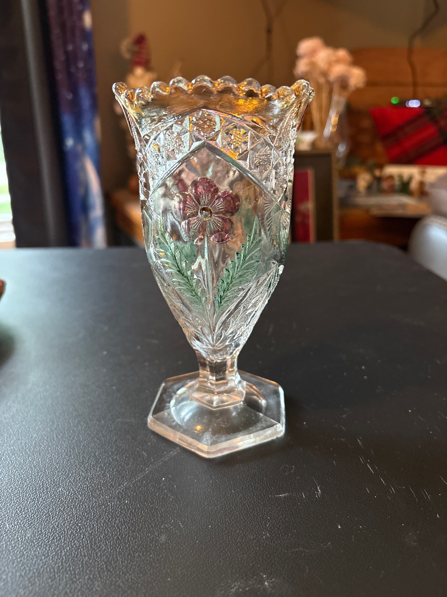 Submitted photo of Pressed glass toothpick holder with hand-painted floral decoration