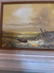 Coastal Landscape Painting with Rowboat and Seagulls