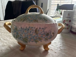 Porcelain Floral Footed Covered Bowl with Gilt Accents