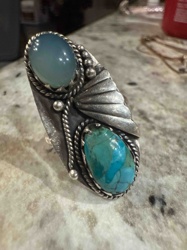 Southwestern Style Sterling Silver Twin Stone Ring with Chalcedony and Turquoise