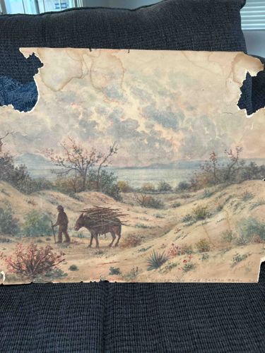 Vintage Landscape Print with Figure and Donkey