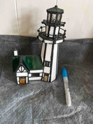 Stained Glass Lighthouse and Keeper's House Sculpture/Lamp