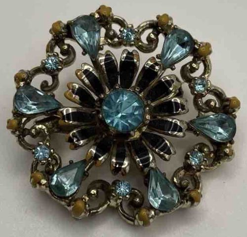 Vintage Coro Kinetic Spinner Brooch with Blue Rhinestones and Black Enamel