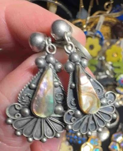 Vintage Sterling Silver and Mother-of-Pearl Dangle Earrings