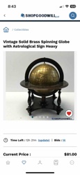 Vintage Solid Brass Spinning Globe with Astrological Sign on Wooden Stand