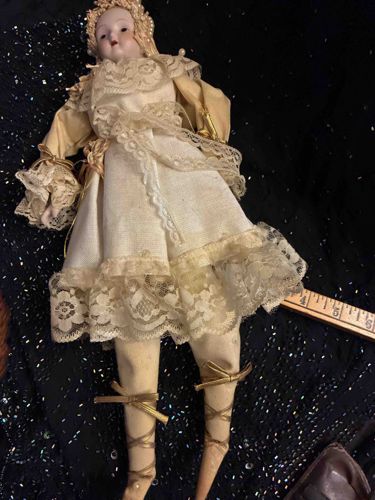 Antique Bisque Head Doll with Cloth Body and Lace Dress