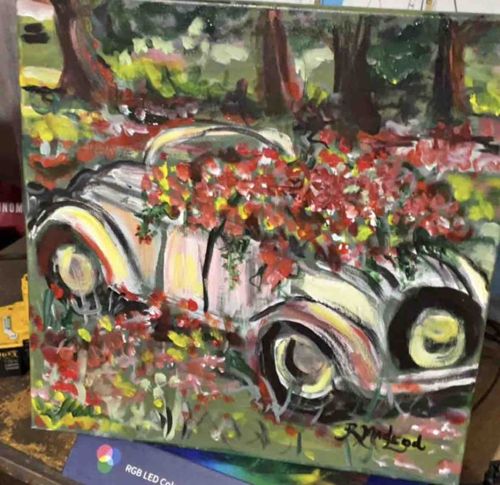 Impressionist Oil Painting of a Vintage Car with Flowers