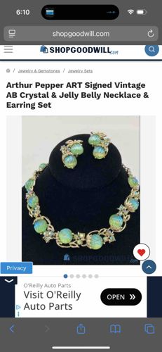 Arthur Pepper ART Signed Vintage AB Crystal & Jelly Belly Necklace & Earring Set