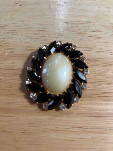 Vintage Oval Moonstone-Style Cabochon and Black Marquise Rhinestone Brooch