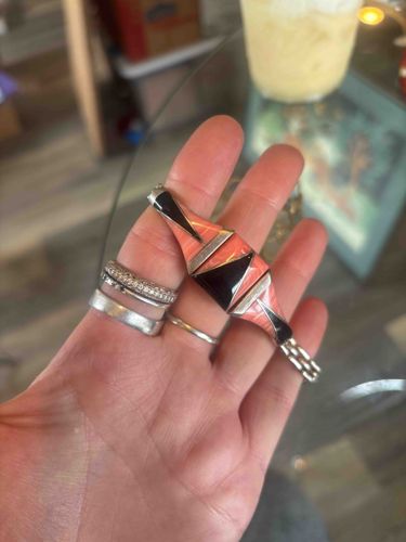 Sterling Silver Inlay Bracelet with Coral and Black Accents