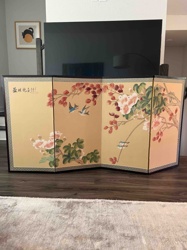 East Asian Style Four-Panel Folding Screen with Floral and Avian Motif
