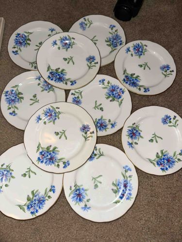 Set of 10 Floral Porcelain Dessert Plates with Gold Rims