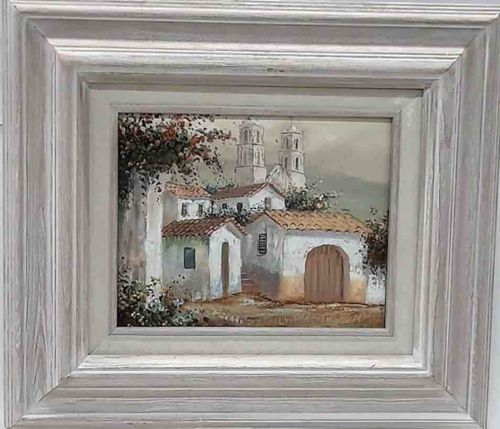 John Signed Acrylic Painting of a Mission Above a Town
