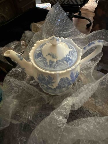Blue and White Toile Pattern Porcelain Teapot