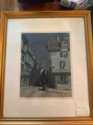 Framed European Nocturne Street Scene Print with 'TABAC' Sign