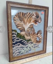 Framed Three-Dimensional Textile Art: Tiger on Mountain Landscape