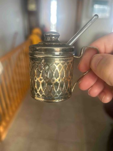 Antique Syrup Pitcher with Spoon and Filigree Holder