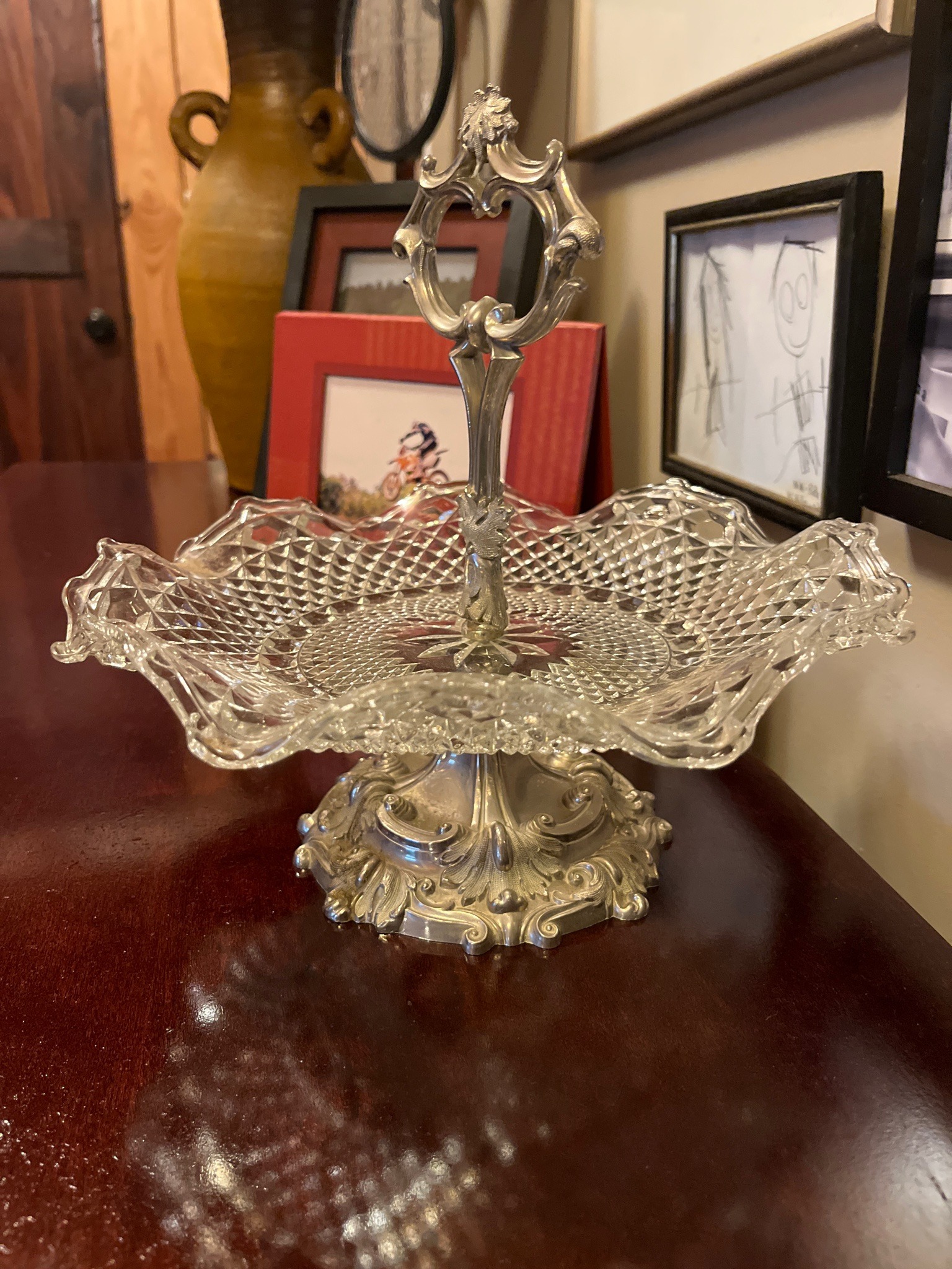 Submitted photo of Pressed glass two-tier server with metal hardware