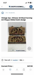 Vintage 2pc. Chinese 3D Wood Carving Art Plaque Gilded Gold-design