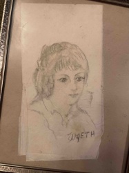 Portrait Sketch of a Young Girl on a Napkin signed 'WYETH'