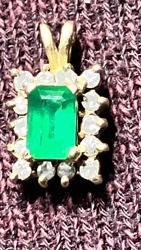 Emerald and Diamond Halo Gold Pendant