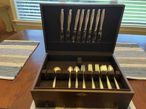 Mid-Century Modern Silverware Set in Wooden Canteen