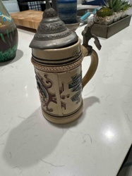 German Ceramic Beer Stein with Pewter Lid