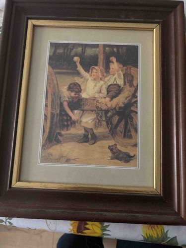 Framed Print of Children Playing with Cart and Dog