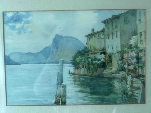 Watercolor Painting of a European Lakeside Village