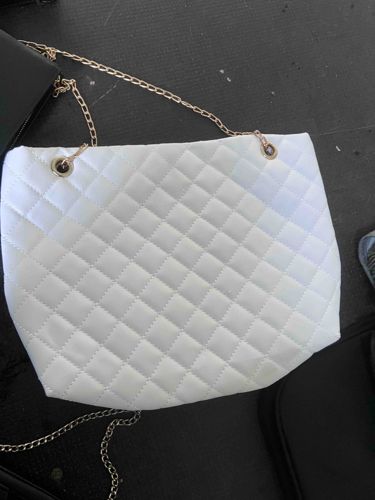 Quilted White Shoulder Bag with Gold-Tone Chain