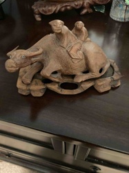 Carved Wooden Water Buffalo with Riders Sculpture
