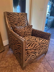 Tiger Print Upholstered Armchair with Exposed Wood Frame