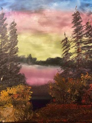 Lakeside Sunset Landscape Oil Painting