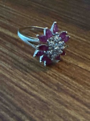 Vintage 10K Gold Ruby and Diamond Cluster Flower Ring