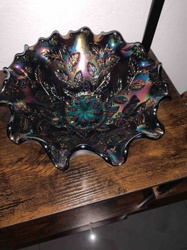 Carnival Glass Ruffled Berry and Leaf Pattern Bowl
