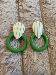 Vintage-Style Green and White Striped Dangle Hoop Earrings