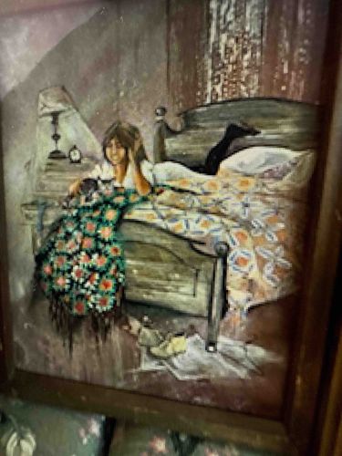 Girl on Bed with Floral Blanket Painting