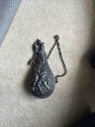 Antique Embossed Pewter Gunpowder Flask with Mythological Figures