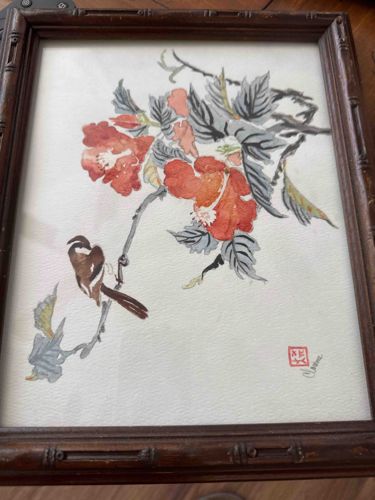 Framed Asian Inspired Floral and Bird Watercolor Painting