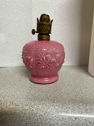 Pink Milk Glass Miniature Oil Lamp with Floral Relief
