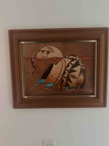 Southwestern-Style Multi-Media Framed Artwork featuring Kokopelli and broken pottery