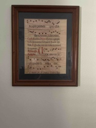 Framed Medieval-Style Illuminated Manuscript Music Sheet Reproduction