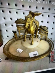 Victorian Era Gilt Bronze and Onyx Horse-Themed Desk Inkwell Set