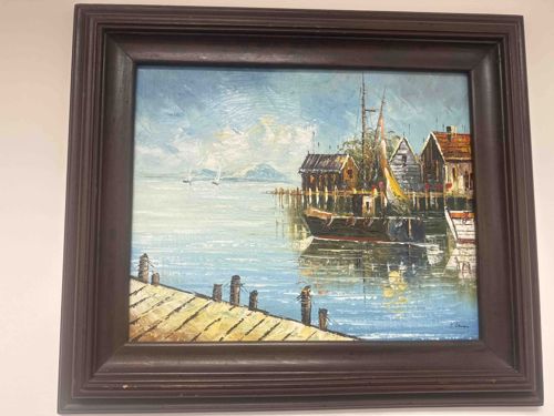 Nautical Oil Painting of a Fishing Village Harbor