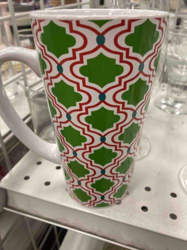 Tall Latte Mug with Green and Red Quatrefoil Geometric Pattern