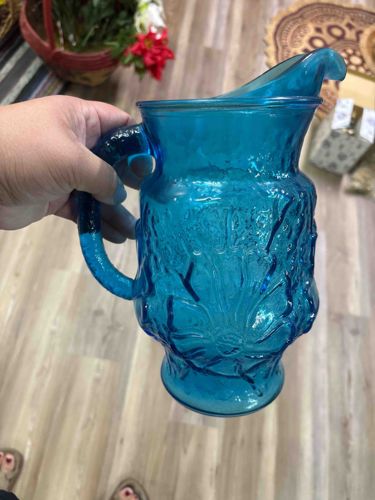 Turquoise Blue Glass Pressed Flower Pitcher