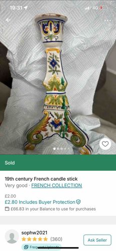 19th Century French Hand-Painted Ceramic Candlestick
