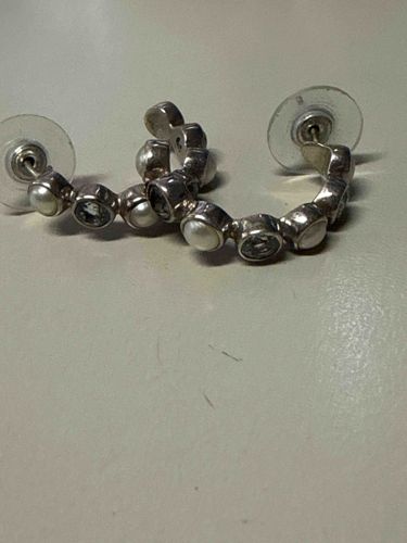 Silver-Tone Bezel-Set Pearl and Cubic Zirconia Half-Hoop Post Earrings